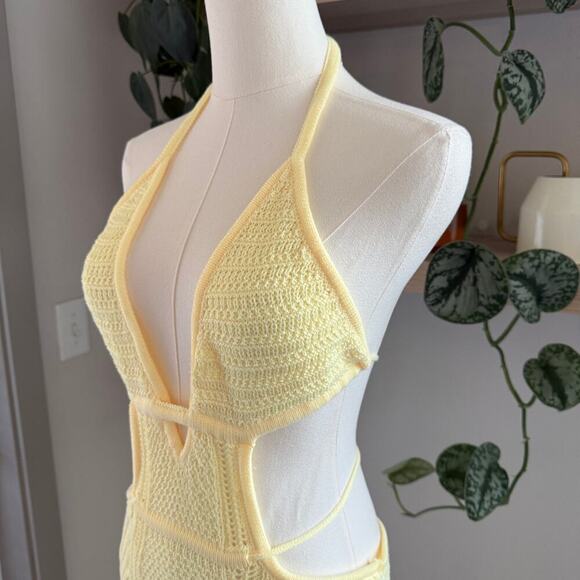 Yellow Crochet Knit Halter Maxi Dress Swim Cutout Open Back, Boho Beachwear, S/M - Picture 3 of 9
